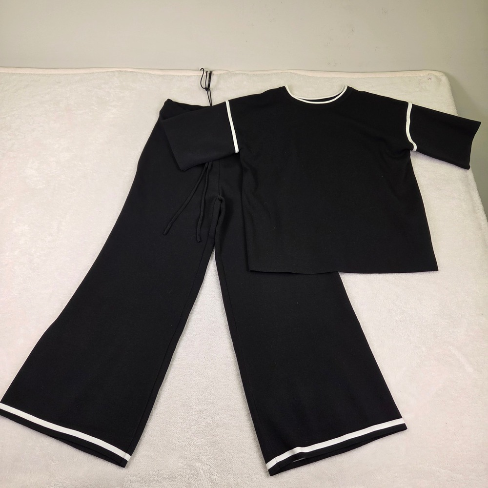 Black Knit 2 Piece Set Short Sleeve Top Wide Leg Pants White Contrast Trim